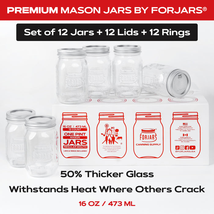 FORJARS® Premium Mason Jars – 16 oz (12-Pack) | Regular Mouth Glass Canning Jars