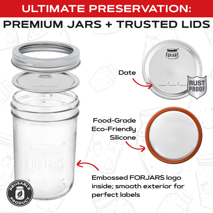 FORJARS® Premium Mason Jars – 16 oz (12-Pack) | Regular Mouth Glass Canning Jars