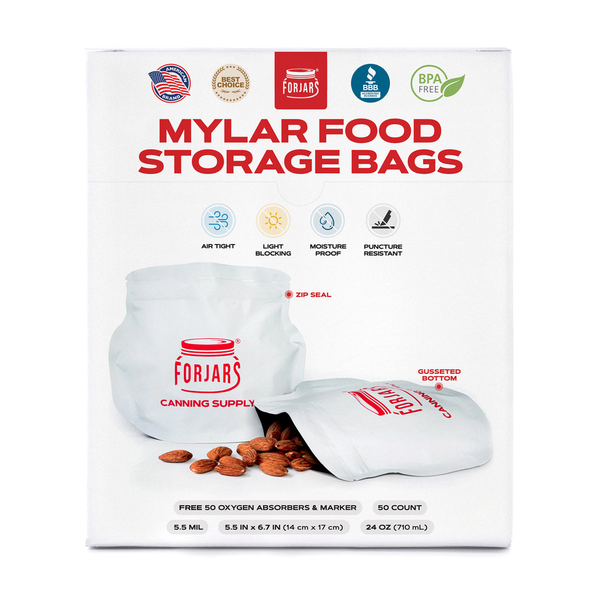 24oz Mylar Bags - 50 Count   5.5 mil per side (≈11 mil total)